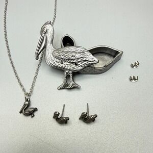 Torino Pewter Pelican Jewelry Set with Box Brooch Necklace and Earrings 15"